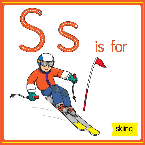 ilustraciones, imágenes clip art, dibujos animados e iconos de stock de ilustración vectorial para aprender el alfabeto para niños con imágenes de dibujos animados. la letra s es para esquiar. - mono ski