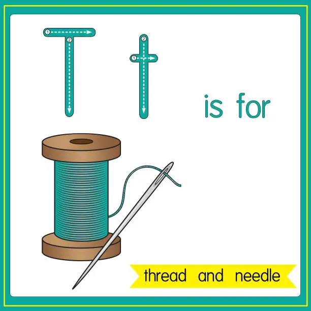 Vector illustration of Vector illustration for learning the alphabet For children with cartoon images. Letter T is for thread and needle.