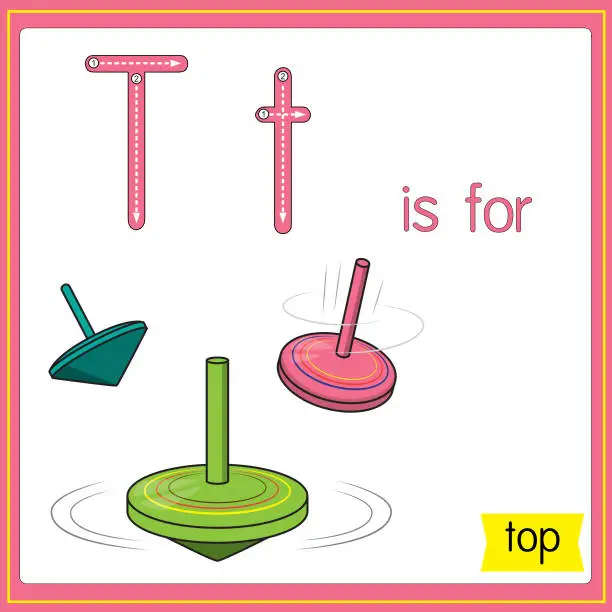 Vector illustration of Vector illustration for learning the alphabet For children with cartoon images. Letter T is for top.