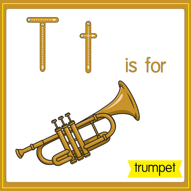 vektorillustration zum erlernen des alphabets für kinder mit cartoon-bildern. buchstabe t steht für trompete. - trumpet bugle cornet cartoon stock-grafiken, -clipart, -cartoons und -symbole