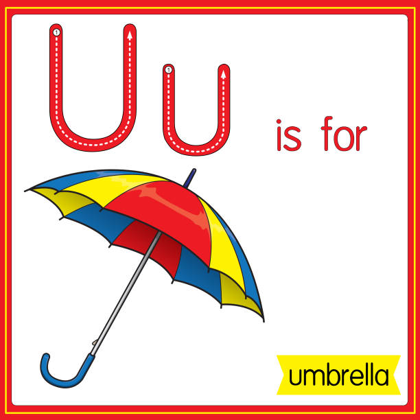 Vector illustration for learning the alphabet For children with cartoon images. Letter U is for umbrella. Vector illustration for learning to write letters English with cartoons for children Uppercase and lowercase, stroke, write, do, stickers, cut and paste, learning pages for kids. letter u with words stock illustrations