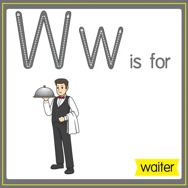 Vector illustration of Vector illustration for learning the alphabet For children with cartoon images. Letter W is for waiter.