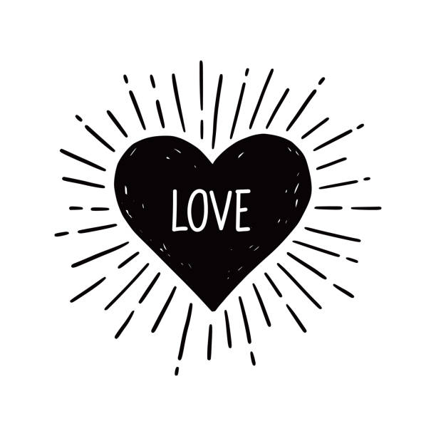 Heart shape burst. Hand drawn sketch style. Heart with love text. Hand drawn sketch style. Heart vector illustration for sunburst frame, love quote black and white heart stock illustrations