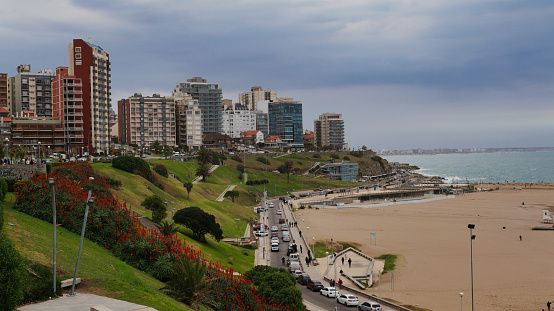 Cityscape of Mar del Plata, the beach and the sea, Buenos Aires, Argentina. Taken on a cold winter afternoon under a blue sky with a few clouds