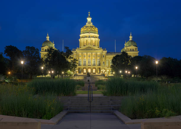 Des Moines, Iowa, USA - July 29, 2021: Exterior of the Iowa State Capitol at night in Des Moines