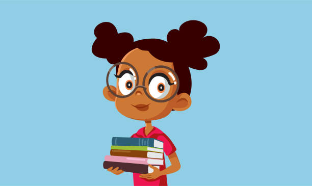 student girl holding podręczniki vector cartoon - glasses child little girls african ethnicity stock illustrations