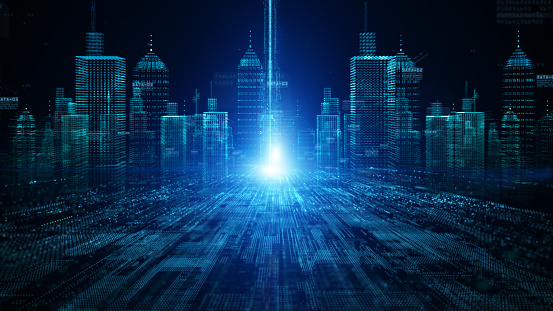La ciudad inteligente de la tecnología futurista de internet y la conexión big data 5g. Fondo abstracto de la conexión de la red de datos digital de la tecnología photo