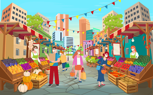 Organic food market street. Food market stalls with fruits and vegetables.Vector cartoon wooden marketplace tents with farm produce.