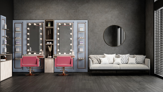 Interior Of Hairdressing And Beauty Salon With Pink Chairs, Mirrors, Sofa And Parquet Floor