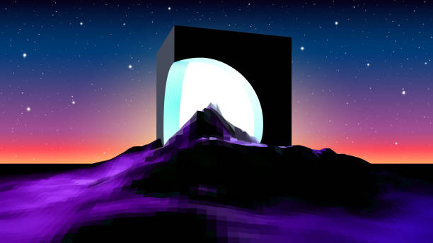 istock Abstract alien landscape with mysterious ruins of cube building and shiny light inside. Science fiction space landscape in 80s style. Vector illustration 1332615552