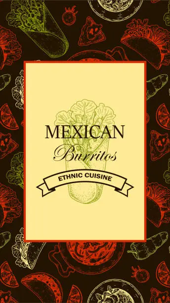 Vector illustration of Hand drawn Mexican food vertical design. Vector illustration in sketch style