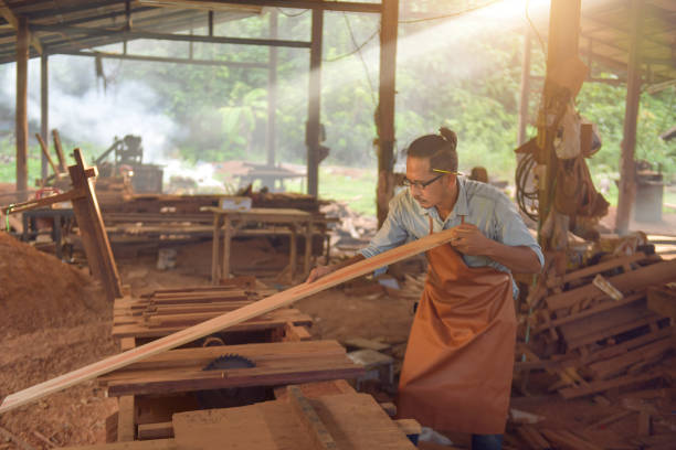 istock Carpenter working on woodworking machines in carpentry shop. 1332621536