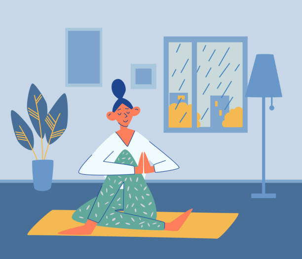 Young girl does yoga at home. Rain outside the window. Sport, yoga, fitness concept. Active lifestyle and body healthcare. Meditation practice. Interior. Doing yoga at home. Flat vector illustration Young girl does yoga at home. Rain outside the window. Sport, yoga, fitness concept. Active lifestyle and body healthcare. Meditation practice. Interior. Doing yoga at home. Flat vector illustration meditation room stock illustrations