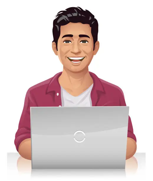 Vector illustration of Young Man Working On His Laptop Computer