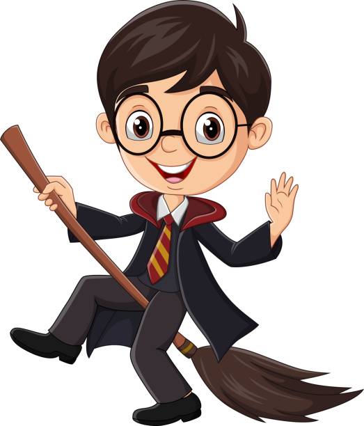 illustrazioni stock, clip art, cartoni animati e icone di tendenza di ragazzo mago dei cartoni animati con un manico di scopa magico - wizard magic broom stick