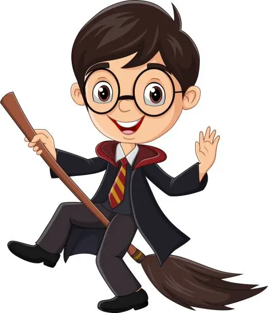 Vector illustration of Cartoon wizard boy with a magic broomstick