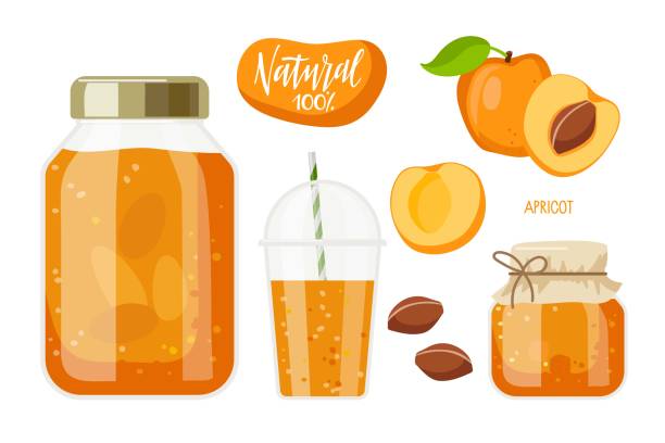 Canned apricot. Compote and jam or marmalade in jars, drink in glass, Natural 100 percents label. Canned fruit. Fruit conservation vector illustration. Farmer Market Branding. Organic food template Canned apricot. Compote and jam or marmalade in jars, drink in glass, Natural 100 percents label. Canned fruit. Fruit conservation vector illustration. Farmer Market Branding. Organic food template. jello illustrations stock illustrations