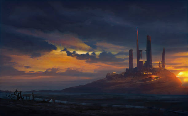 istock Abstract futuristic apocalyptic castle and town on a hill background 1332631262