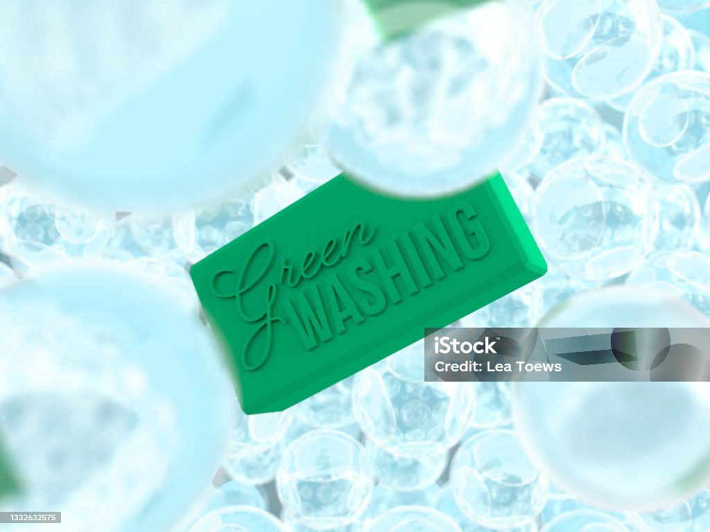 3D rendered soap with typography and water bubbles. Illustration of green washing company or environmental problems. Visualization for questionable companies or lobbying. Greenwashing Stock Photo