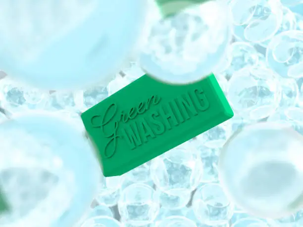 3D rendered soap with typography and water bubbles. Illustration of green washing company or environmental problems. Visualization for questionable companies or lobbying.