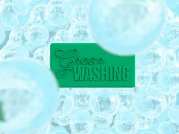 3D rendered soap with typography and water bubbles. Illustration of green washing company or environmental problems. Visualization for questionable companies or lobbying.