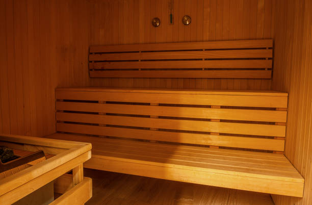 istock Finnish sauna interior finished with natural light wood 1332632665