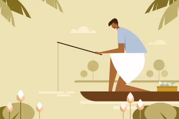 Vector illustration of A man standing on a boat and fishing in the water using a traditional fishing rod. A rural scene from Kerala, India