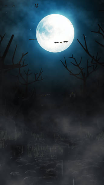 Vertical Halloween background with bats and pumpkins, graves, at misty night spooky with a fantastic big moon in the sky.