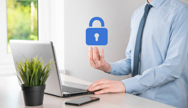 istock Cyber security network. Padlock icon and internet technology networking. Businessman protecting data personal information on tablet and virtual interface. Data protection privacy concept. GDPR. EU 1332635100
