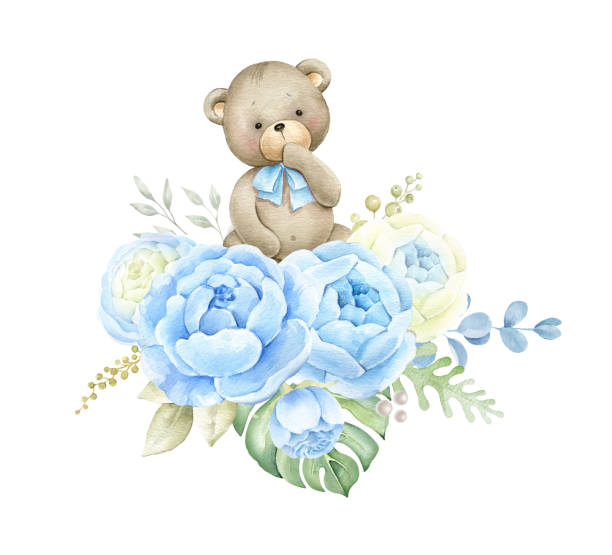 ilustraciones, imágenes clip art, dibujos animados e iconos de stock de bebé recién nacido oso con flores azules y sotas verdes. - bear teddy bear characters hand drawn