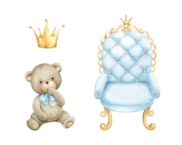 ładny mały niedźwiedź z niebieskim fotelem i złotą koroną. - bear teddy bear characters hand drawn stock illustrations