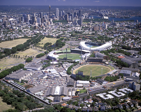 Sydney, Australia -September, 02 1998:aerial view showing Sydney Fox studios and football staduims at Moore Park including the  sydney cricket ground with the city in the background.