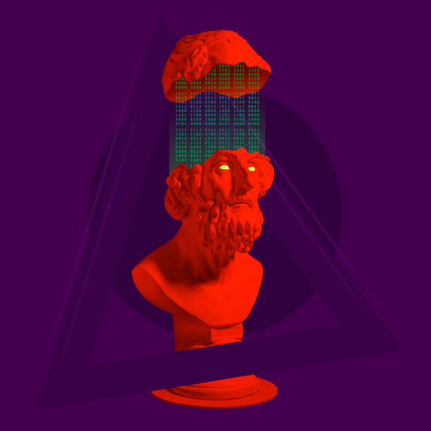 istock Contemporary art collage. Image of red ancient greek statue with binary code on dark purple background. 1332637336