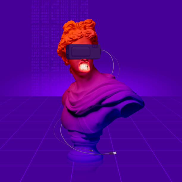istock Contemporary art collage. Image of ancient greek statue with binary code in VR glasses on dark purple background. 1332637349