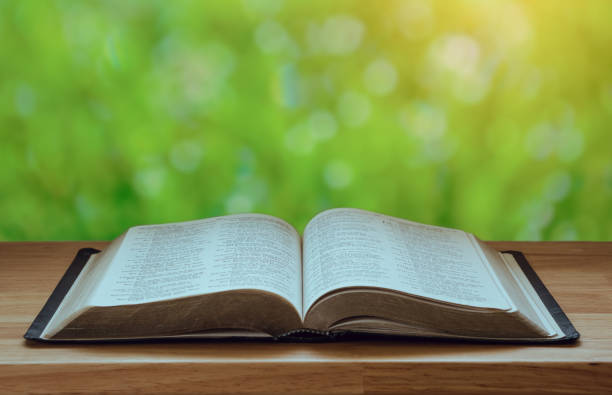 istock Open Bible on a wood table with green nature backgound. 1332637436