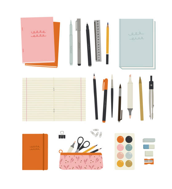 Vector illustration of stationery, office, school tools. Vector illustration of stationery, office, school tools. Notebooks, notebooks, book, sketchbook, pens, pencils, markers, liner, pencil case, rubber bands, scissors, compasses, paper clips, erasers. stationary stock illustrations