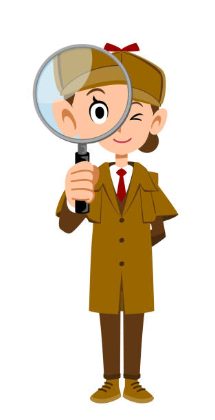 The whole body of a female detective looking through a magnifying glass The whole body of a female detective looking through a magnifying glass detective illustrations stock illustrations
