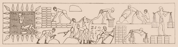 евреи, под перспективой египетской гвардии, делают кирпичи - working illustration and painting engraving occupation stock illustrations