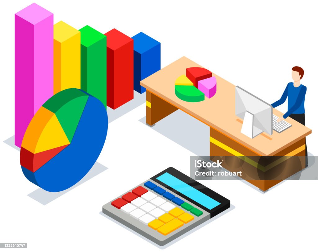 Man Studies Statistics Shown On Bar Chart Analyze Diagrams Concept Guy ...