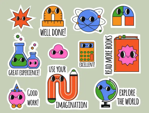 Vector illustration of Back to School theme stickers with cartoon supplies characters and slogans for pupils, kids and children.