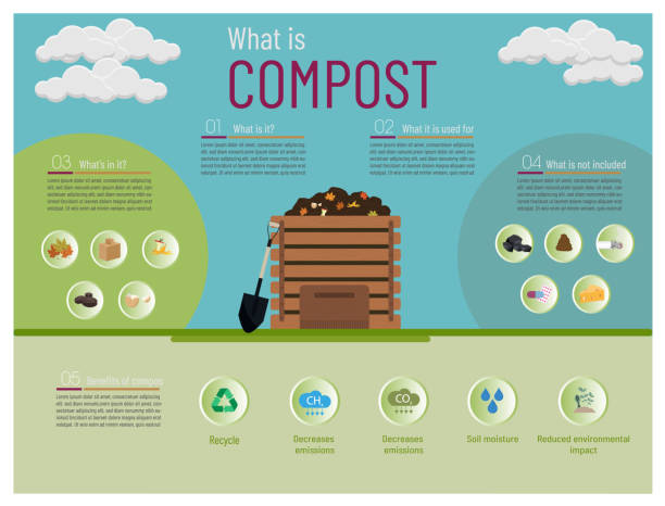 Compost concept, what it is, use, what to include and benefits. Compost concept, what it is, use, what to include and benefits.
Wooden composting box with shovel and icons of leaves, fruits, eggs, coffee, recycling, emissions, cardboard. compost stock illustrations