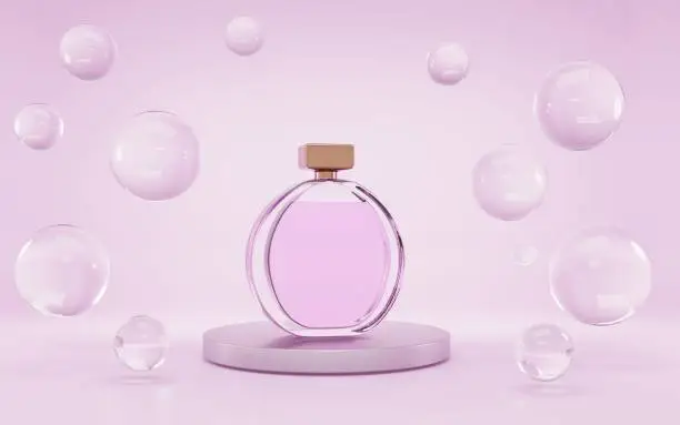 Perfume bottle on podium with clear water drops or air bubbles, mock up banner. Glass round container with pink liquid, woman fragrance, floral essence, product ad display, Realistic 3d illustration