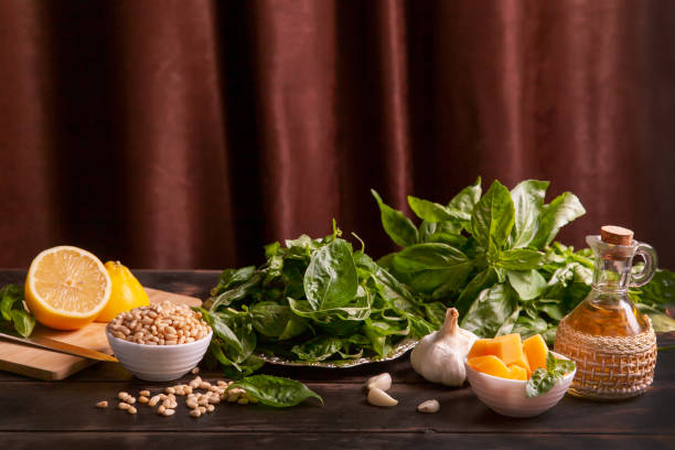 Ingredients for making basil sauce pesto at home