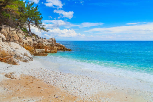 Marble beach bay, Thassos Islands, Greece stock photo
