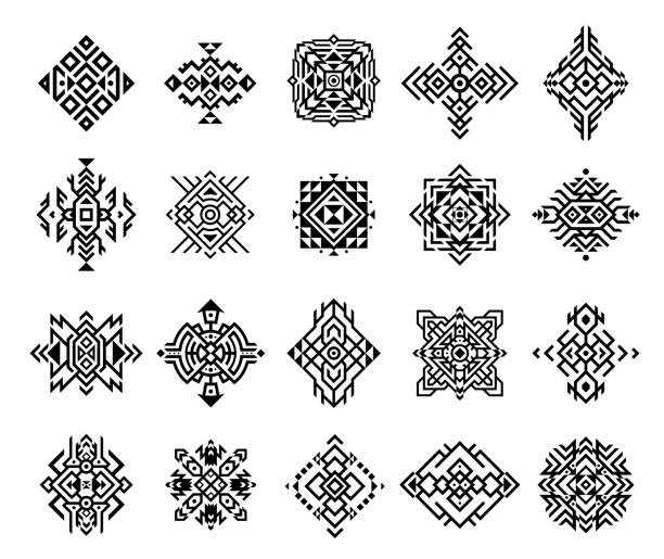 Set monochrome ethnic ornament vector illustration. Collection classical tribal aztec tattoo design Set of monochrome ethnic ornament vector flat illustration. Collection of classical tribal aztec tattoo design isolated. Abstract decorative unique ornamental pattern vintage angle flower with petal byzantine icon stock illustrations