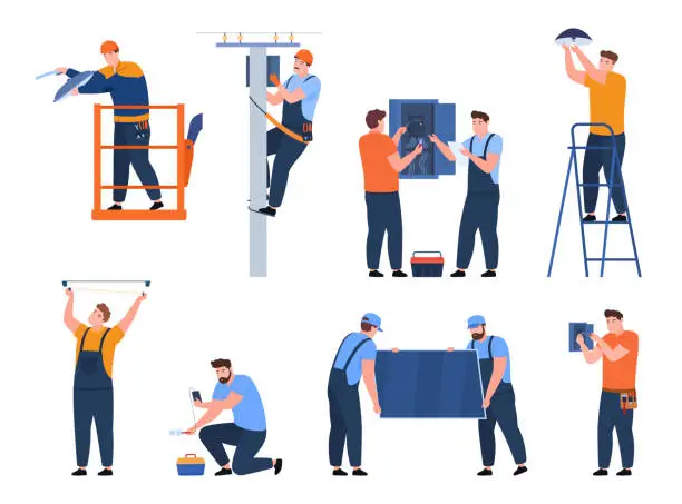 Vector illustration of Collection electrician at work vector. Set professional workers with tools electrical facilities