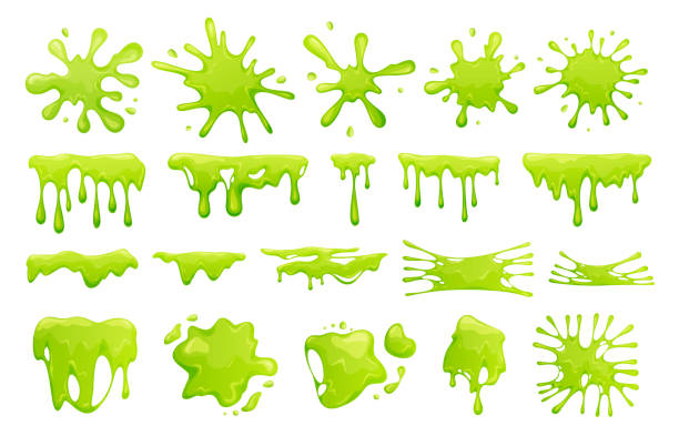 ilustraciones, imágenes clip art, dibujos animados e iconos de stock de cartoon green slime set vector flat illustration. colección de salpicaduras de manchas, moco tóxico que gotea - mucosidad