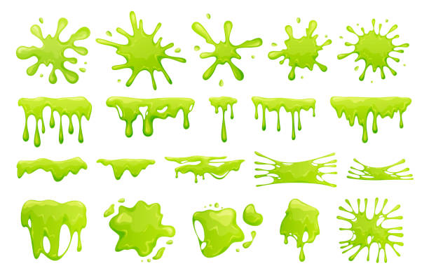 Cartoon green slime set vector flat illustration. Collection of blob splashes, toxic dripping mucus Cartoon green slime set vector flat illustration. Collection of blob splashes, toxic dripping mucus isolated on white. Goo slimy splodge and drops, liquid borders form, bright decorative texture slimy stock illustrations