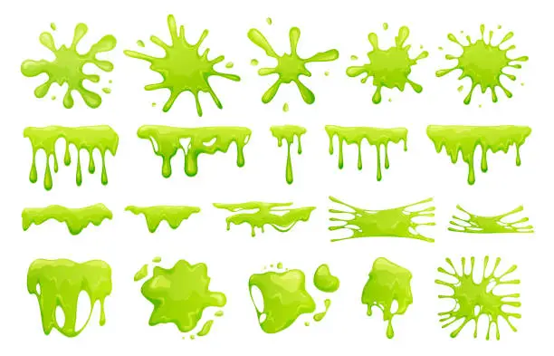Vector illustration of Cartoon green slime set vector flat illustration. Collection of blob splashes, toxic dripping mucus