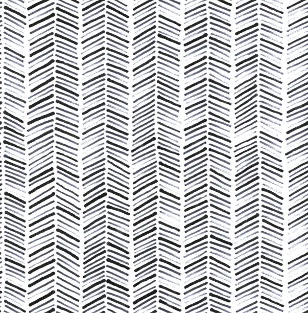 Vector illustration of Seamless herringbone pattern hand painted by black ink isolated on white paper background - seamless vector illustration with lines - uneven irregular dirty brush strokes with unique details arranged in zig zags composition - textile pattern